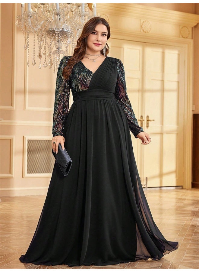 Madam Uniq Black V - Neck Sequin - Paneled Long - Sleeve Evening Gown - Image 1