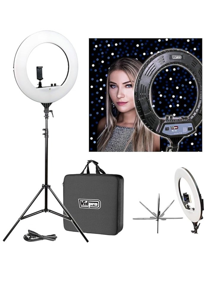 فيدبرو مجموعة إضاءة حلقية LED RL-18 من Vidpro مقاس 18 بوصة مع حامل وحقيبة - 55 وات قابلة للتعتيم 3200-5600 كلفن مع تحكم في الألوان المتغيرة مجموعة إضاءة حلقية متوافقة مع معظم الكاميرات والهواتف الذكية مثالية للتصوير المباشر  - Image 1