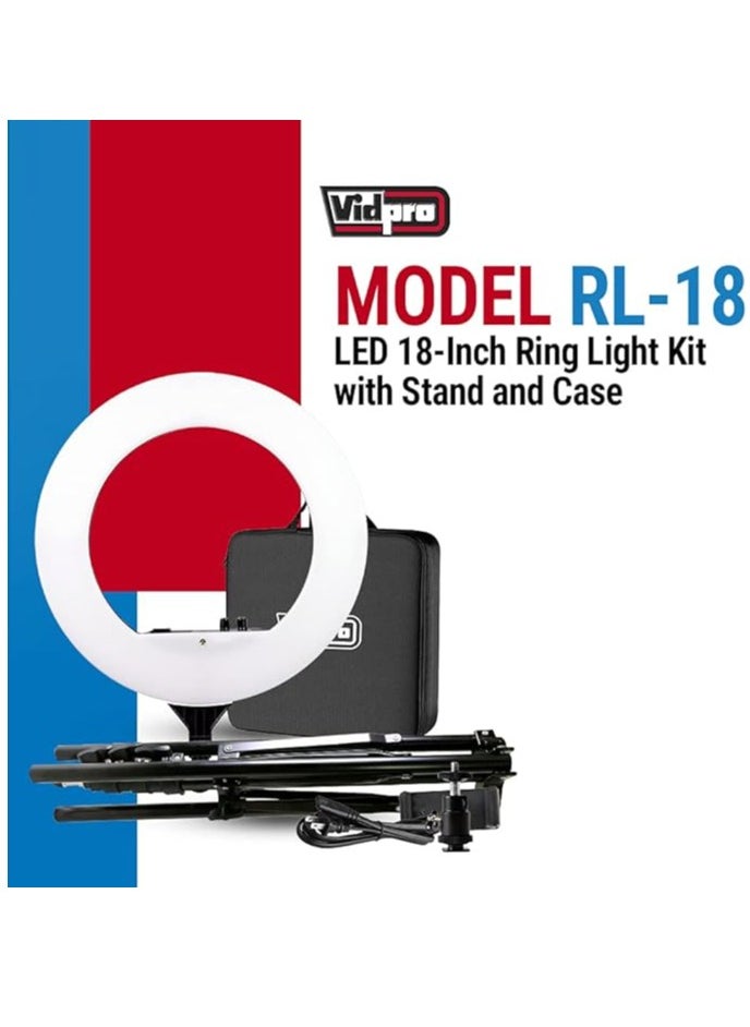 فيدبرو مجموعة إضاءة حلقية LED RL-18 من Vidpro مقاس 18 بوصة مع حامل وحقيبة - 55 وات قابلة للتعتيم 3200-5600 كلفن مع تحكم في الألوان المتغيرة مجموعة إضاءة حلقية متوافقة مع معظم الكاميرات والهواتف الذكية مثالية للتصوير المباشر  - Image 2