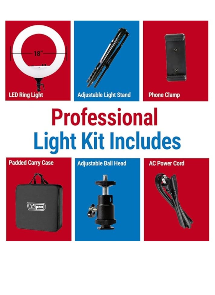 فيدبرو مجموعة إضاءة حلقية LED RL-18 من Vidpro مقاس 18 بوصة مع حامل وحقيبة - 55 وات قابلة للتعتيم 3200-5600 كلفن مع تحكم في الألوان المتغيرة مجموعة إضاءة حلقية متوافقة مع معظم الكاميرات والهواتف الذكية مثالية للتصوير المباشر  - Image 3