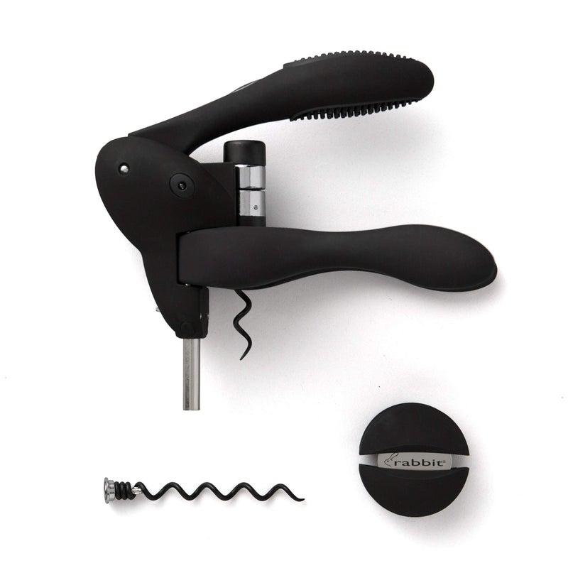 rabbit Rabbit W6004N Original Lever Corkscrew Wine Opener with Foil Cutter and Extra Spiral Black 
