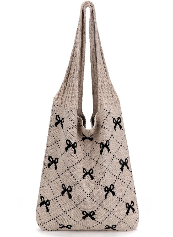 KPX Crochet Tote, Beach Mesh Knitted Shoulder Bag - Large Aesthetic Hobo Bag for Women - Summer (Bow Style, Black) - Image 1