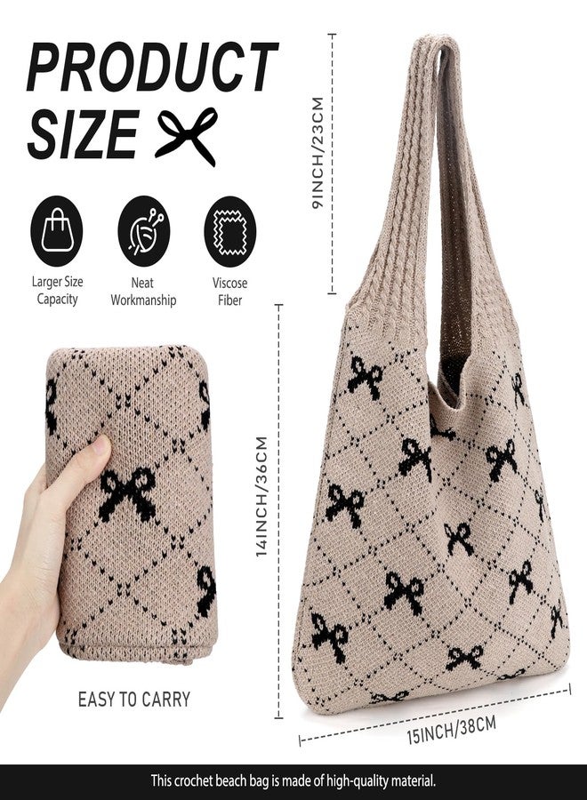 KPX Crochet Tote, Beach Mesh Knitted Shoulder Bag - Large Aesthetic Hobo Bag for Women - Summer (Bow Style, Black) - Image 2