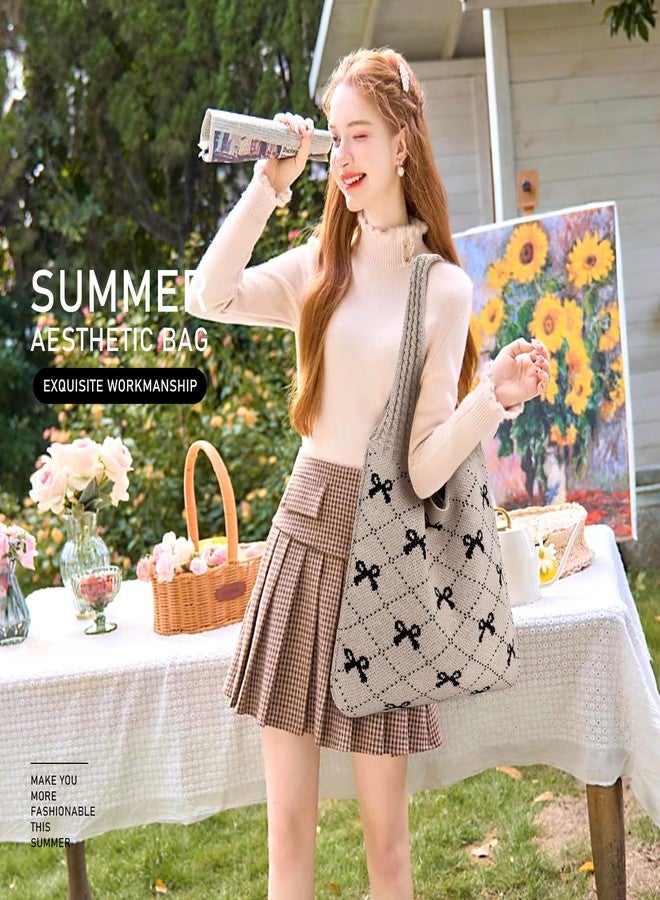 KPX Crochet Tote, Beach Mesh Knitted Shoulder Bag - Large Aesthetic Hobo Bag for Women - Summer (Bow Style, Black) - Image 3