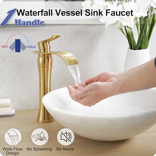 HOIGY Gold Vessel Sink Faucet Brass Tall Bathroom Faucets Single Handle Bathroom Faucet 1 Hole Waterfall Faucet for Bathroom Sink Mixer Bowl Tap for Hotel Classic with Pop Up Drain Deck Mounted - Image 3