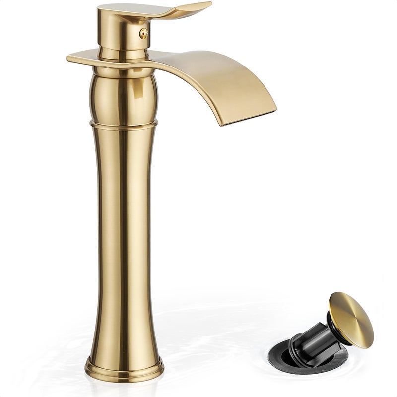 HOIGY Gold Vessel Sink Faucet Brass Tall Bathroom Faucets Single Handle Bathroom Faucet 1 Hole Waterfall Faucet for Bathroom Sink Mixer Bowl Tap for Hotel Classic with Pop Up Drain Deck Mounted - Image 2