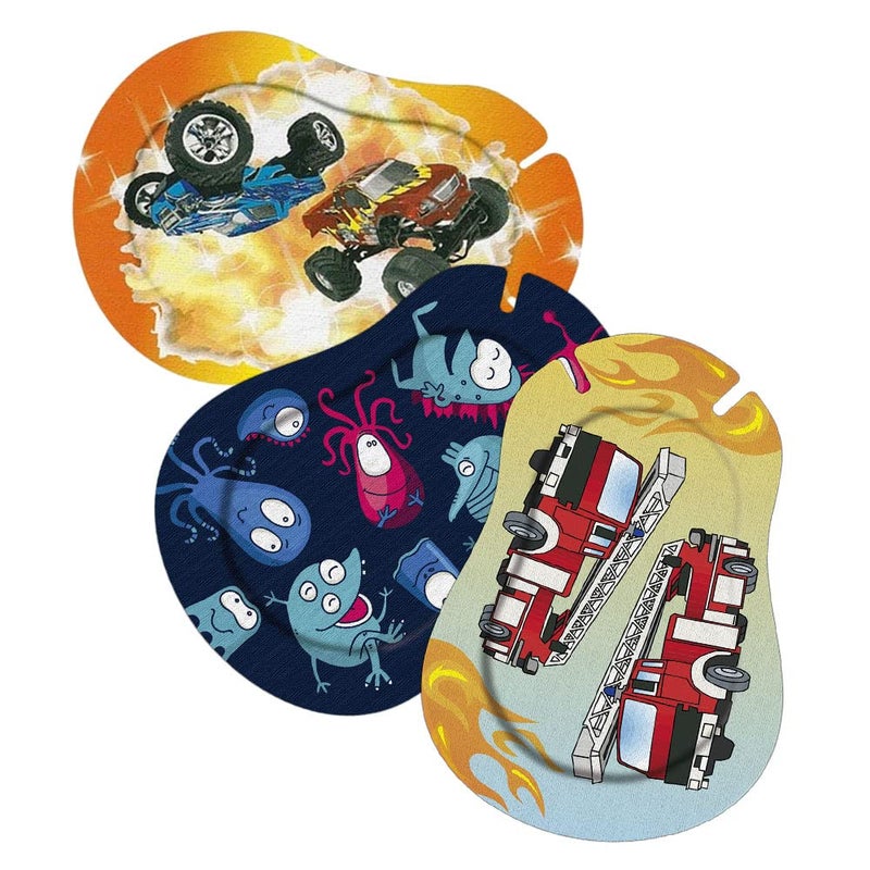 Ortopad® Bamboo for Boys, Adhesive Eye Patches, 30/Pack, Medium Size, Monster Truck, Glow in The Dark Monsters, Fire Truck - Image 1