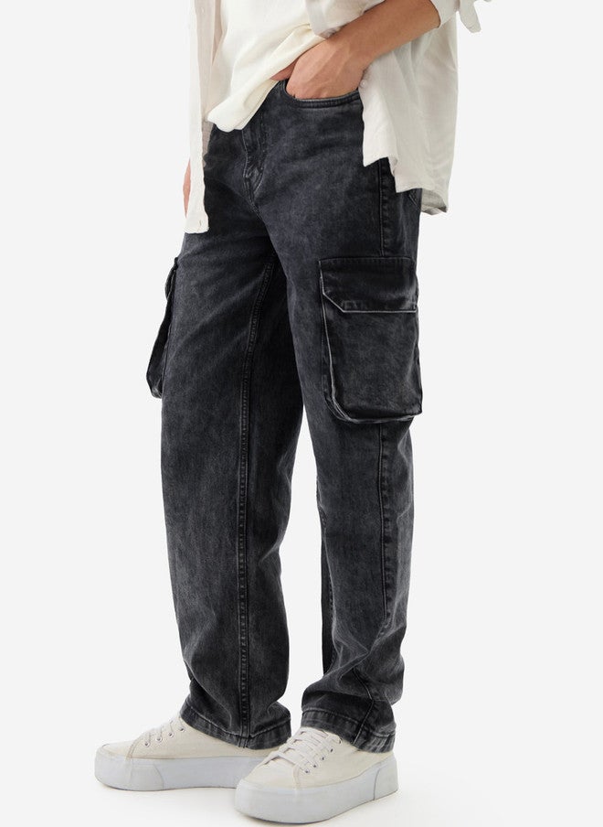 The Souled Store Men Straight Fit Solid Grey Cargo Jeans - Image 1