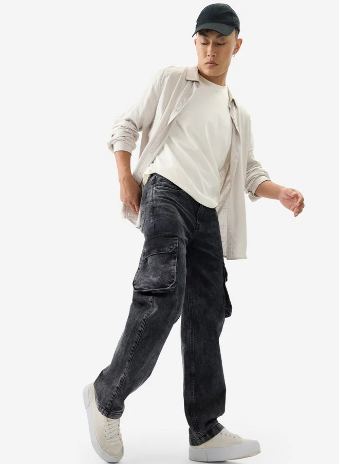 The Souled Store  The Souled Store Men Straight Fit Solid Grey Cargo Jeans  | Best Price UAE