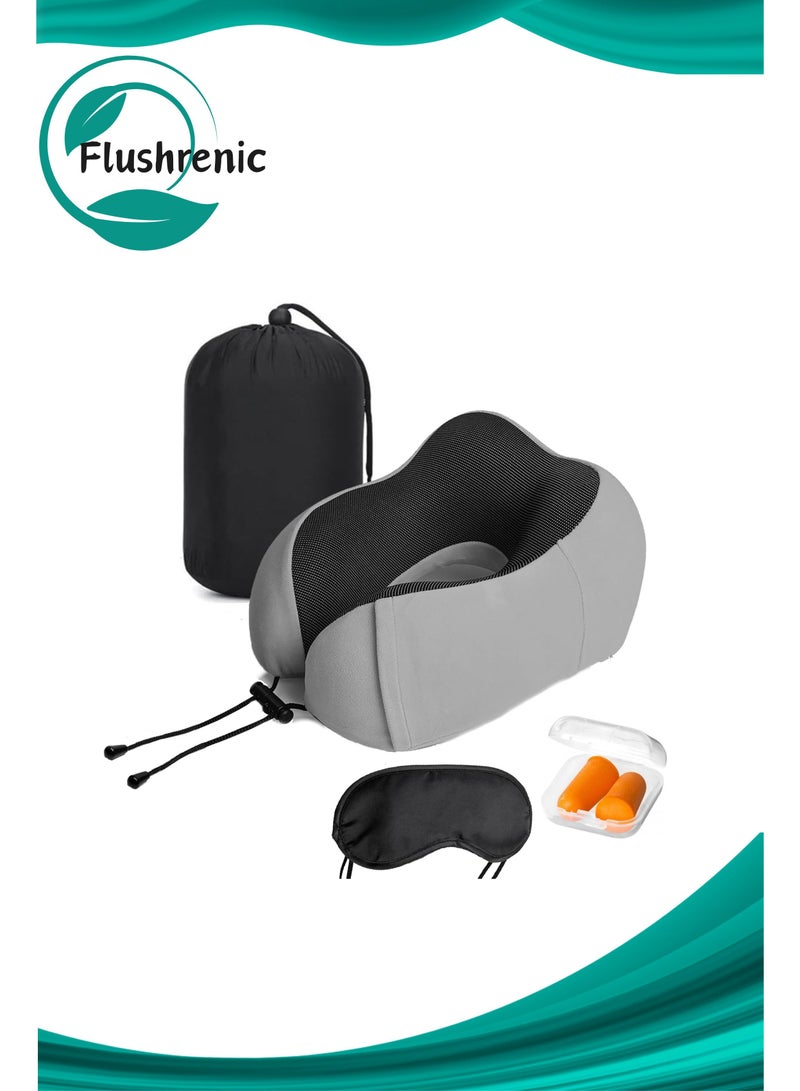 فلوشرينيك وسادة رقبة للسفر مع غطاء للعينين وسدادات للأذنين وسادة دعم الرأس من الإسفنج الميموري فوم النقي للطائرة والسيارة والمنزل لتخفيف آلام الرقبة والكتف وسادة ناعمة للسفر والنوم (رمادي) - Image 1