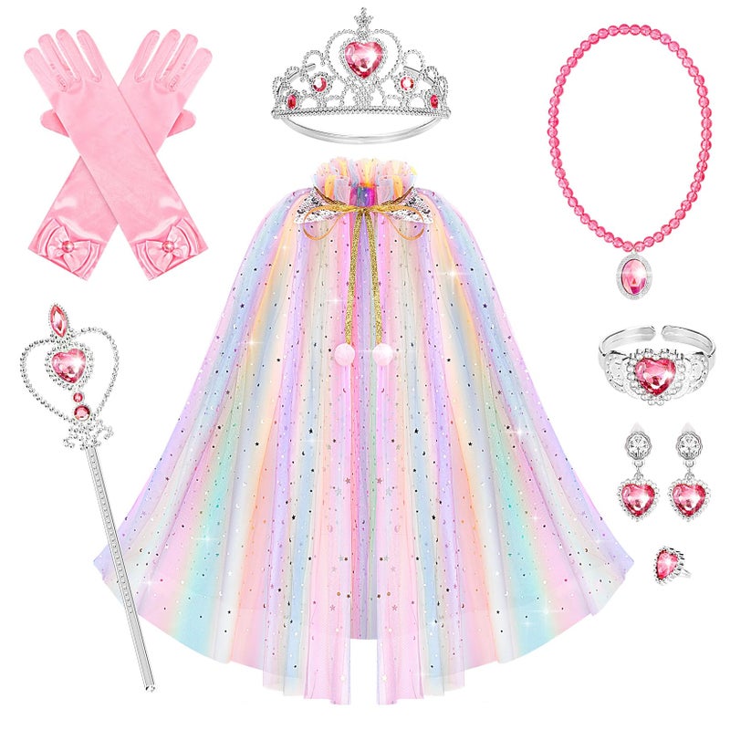 Hapgo 10 Pieces Princess Cape Set Dress up Clothes for Little Girls Party Cosplay Cloak with Jewelry Tiara Crown Wand Gloves - Image 3