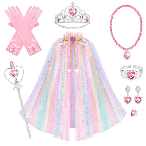 Hapgo 10 Pieces Princess Cape Set Dress up Clothes for Little Girls Party Cosplay Cloak with Jewelry Tiara Crown Wand Gloves - Image 1