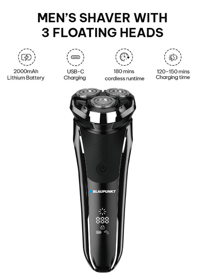 Blaupunkt Shaver for Men – 3 Floating Heads, Pop-Up Trimmer, USB-C, LCD Display, 180 Min Runtime, Wet & Dry Electric Shaver, Travel Lock, Corded/Cordless, IPX7 Waterproof ,  2-Year Warranty – SVM422 - Image 1