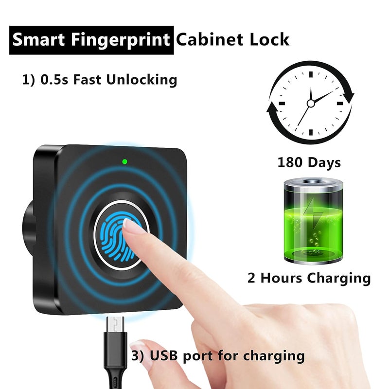 CODACE قفل درج خزانة بيومتري ذكي للأطفال من CODACE بدون مفتاح وبدون بطاقة RFID بتشطيب مصقول أسود - Image 3