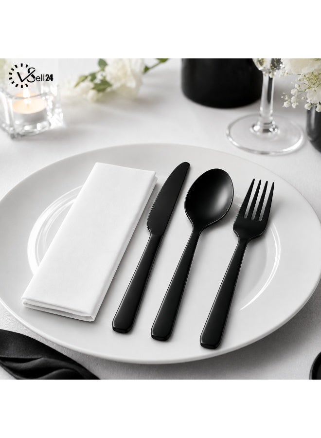 vsell24 Pack of 50 Black Disposable Plastic Cutlery Sets with Napkins – Fork & Knife Set for Parties, Events, Catering & Food Service - Image 1
