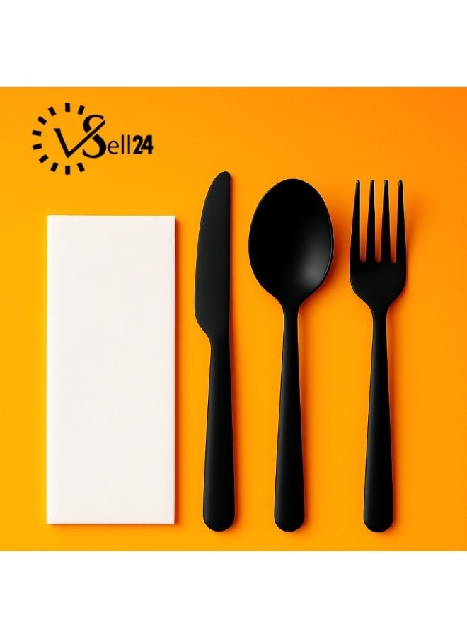 vsell24 Pack of 50 Black Disposable Plastic Cutlery Sets with Napkins – Fork & Knife Set for Parties, Events, Catering & Food Service - Image 3