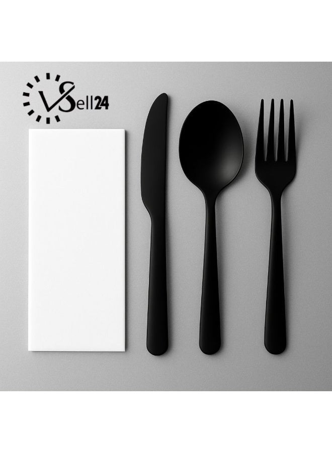 vsell24 Pack of 50 Black Disposable Plastic Cutlery Sets with Napkins – Fork & Knife Set for Parties, Events, Catering & Food Service - Image 2