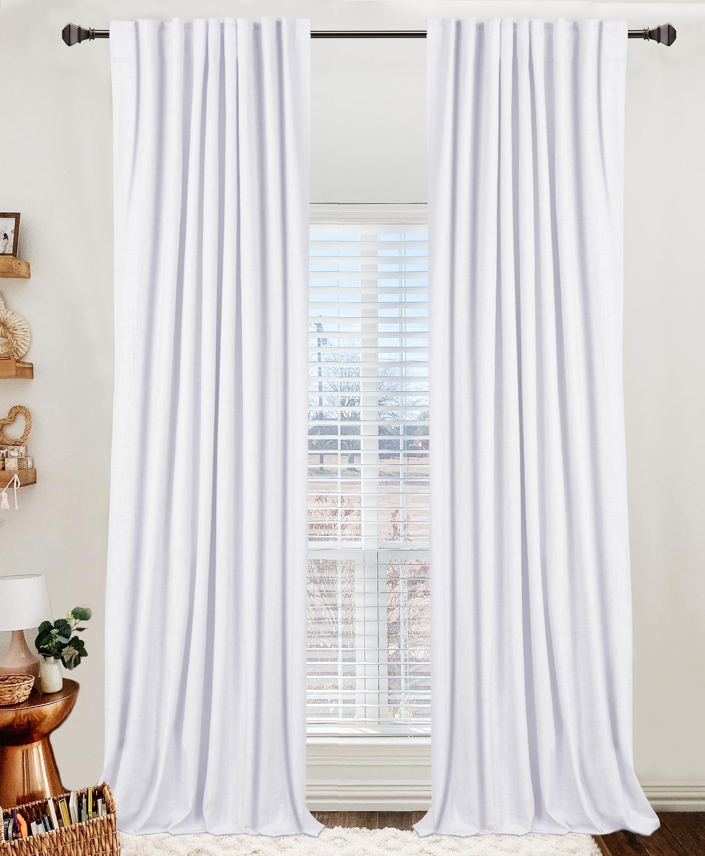 100% Blackout Shield Linen Blackout Curtains for Bedroom 84 Inches Long, Back Tab/Rod Pocket Living Room Drapes, Thermal Insulated Blackout Curtains 2 Panels Set, 50" W x 84" L, Bright White