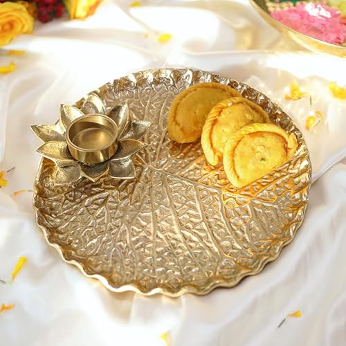 BEHOMA Metal Lotus Tray with Tea-Light Holder for Home Decor | Round Pooja Thali for Temple | Golden Decorative Tika Tilak Thali for Wedding, Haldi & Mehndi Ceremony | Elegant Gift 1 pc, Dia: 25.5 cm - Image 1