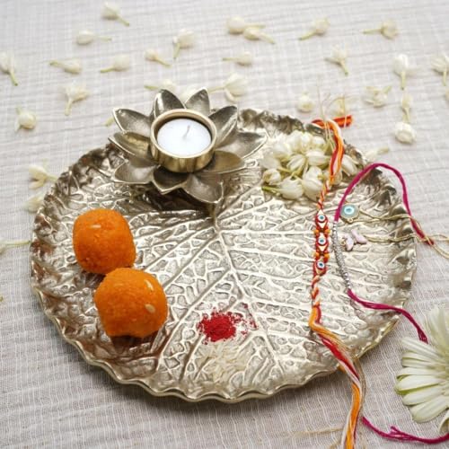 BEHOMA Metal Lotus Tray with Tea-Light Holder for Home Decor | Round Pooja Thali for Temple | Golden Decorative Tika Tilak Thali for Wedding, Haldi & Mehndi Ceremony | Elegant Gift 1 pc, Dia: 25.5 cm - Image 2