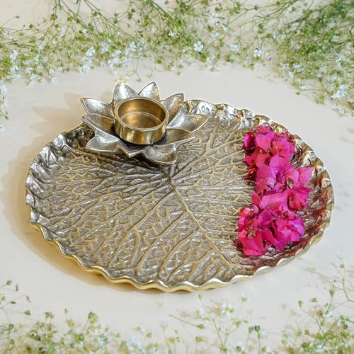 BEHOMA Metal Lotus Tray with Tea-Light Holder for Home Decor | Round Pooja Thali for Temple | Golden Decorative Tika Tilak Thali for Wedding, Haldi & Mehndi Ceremony | Elegant Gift 1 pc, Dia: 25.5 cm - Image 3