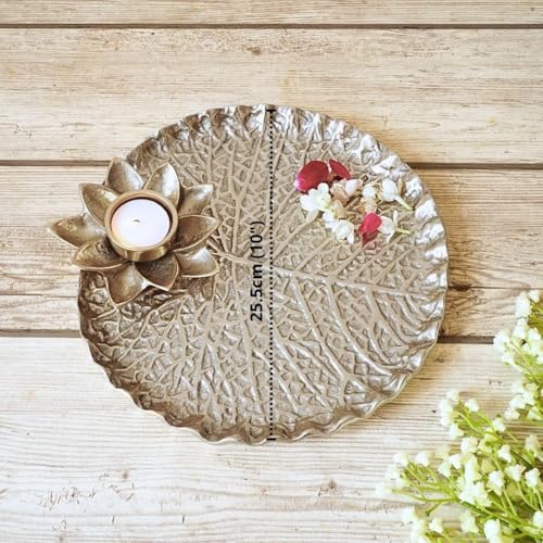 BEHOMA Metal Lotus Tray with Tea-Light Holder for Home Decor | Round Pooja Thali for Temple | Golden Decorative Tika Tilak Thali for Wedding, Haldi & Mehndi Ceremony | Elegant Gift 1 pc, Dia: 25.5 cm - Image 5