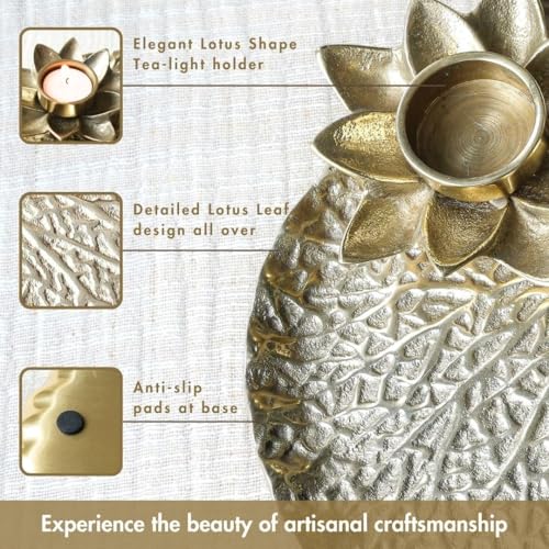 BEHOMA Metal Lotus Tray with Tea-Light Holder for Home Decor | Round Pooja Thali for Temple | Golden Decorative Tika Tilak Thali for Wedding, Haldi & Mehndi Ceremony | Elegant Gift 1 pc, Dia: 25.5 cm - Image 4