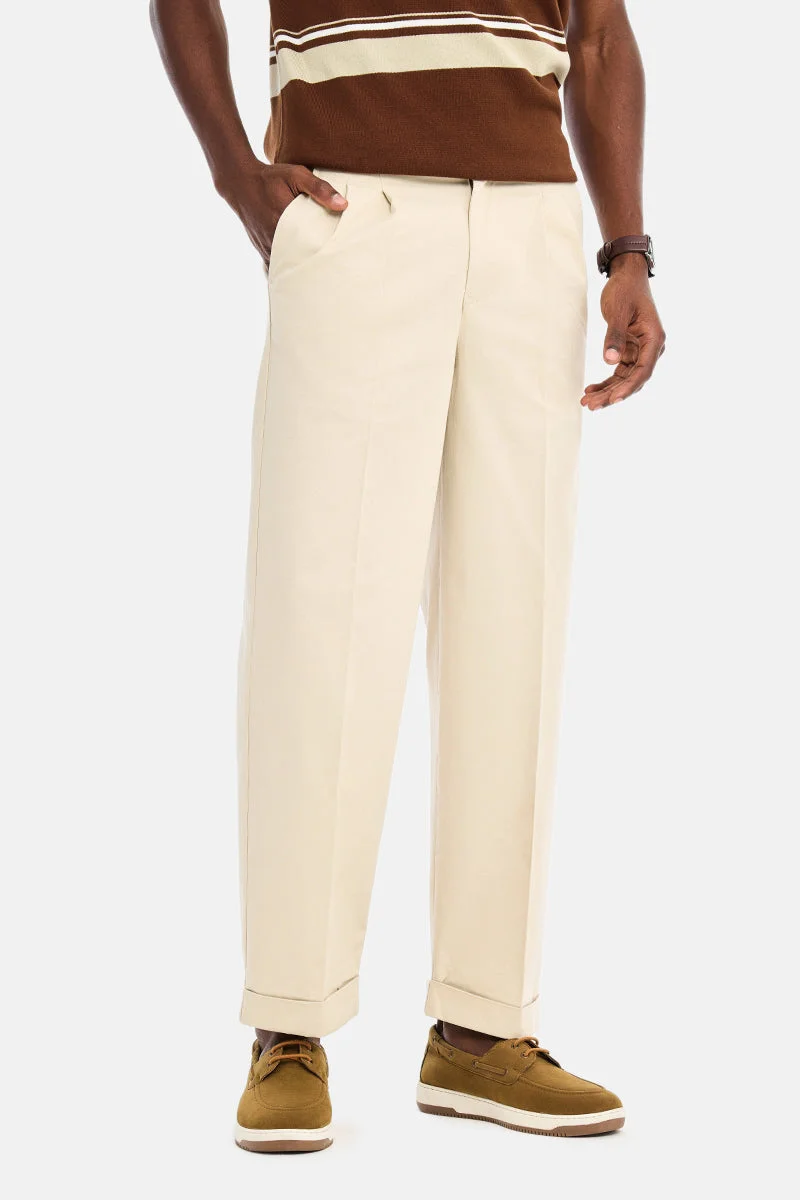 Beige Solid Relaxed Casual Chinos