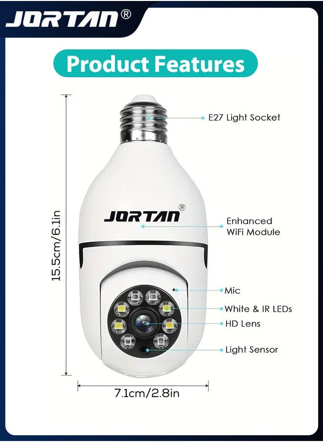 JORTAN - 2MP HD Light Bulb Camera Built in Flash Smart Video Call Camera 360° Pan & Tilt Home PTZ Camera with 360° View & Color Night Vision & Motion Detection - Image 1
