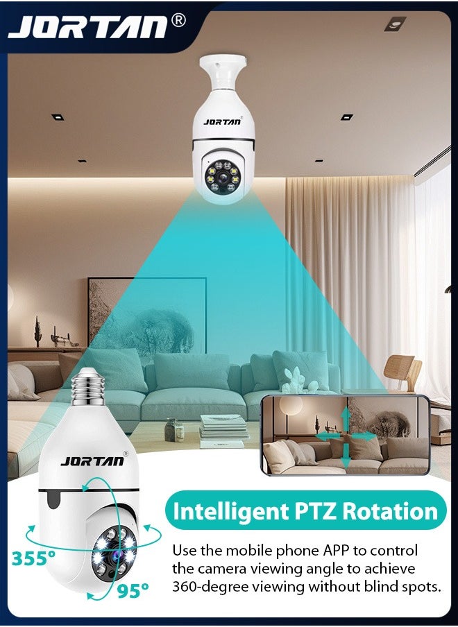 JORTAN - 2MP HD Light Bulb Camera Built in Flash Smart Video Call Camera 360° Pan & Tilt Home PTZ Camera with 360° View & Color Night Vision & Motion Detection - Image 1