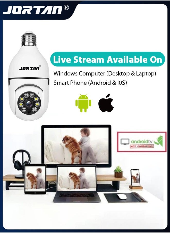 JORTAN - 2MP HD Light Bulb Camera Built in Flash Smart Video Call Camera 360° Pan & Tilt Home PTZ Camera with 360° View & Color Night Vision & Motion Detection - Image 1