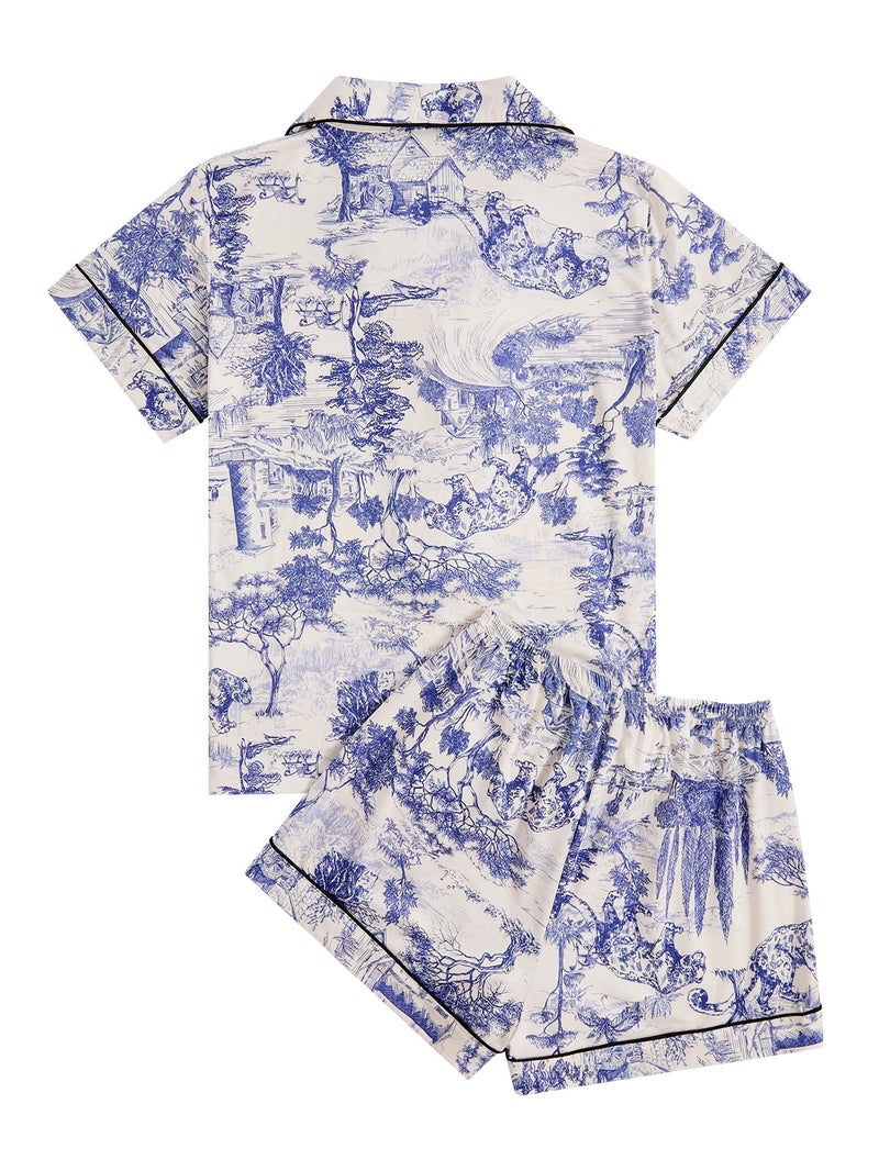 Floerns Women's Floral Pajamas Notch Collar Print Sleepwear Two Piece Pajama Set Dusty Blue - Image 3