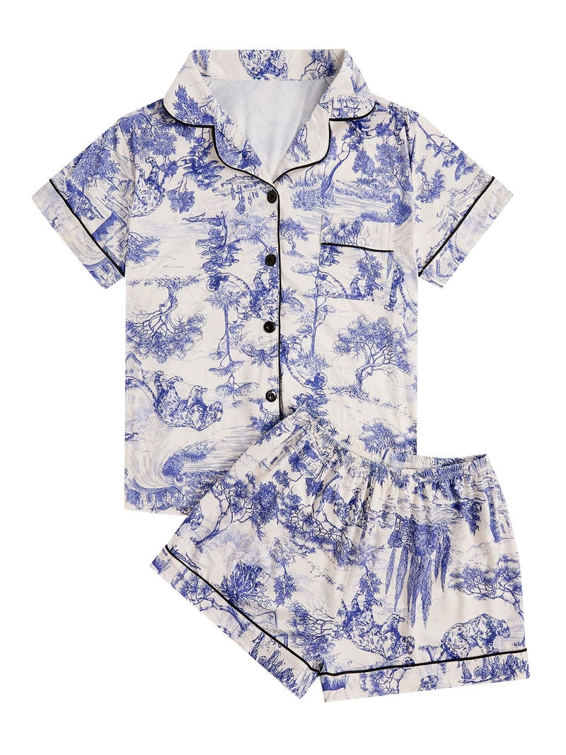 Floerns Women's Floral Pajamas Notch Collar Print Sleepwear Two Piece Pajama Set Dusty Blue - Image 1