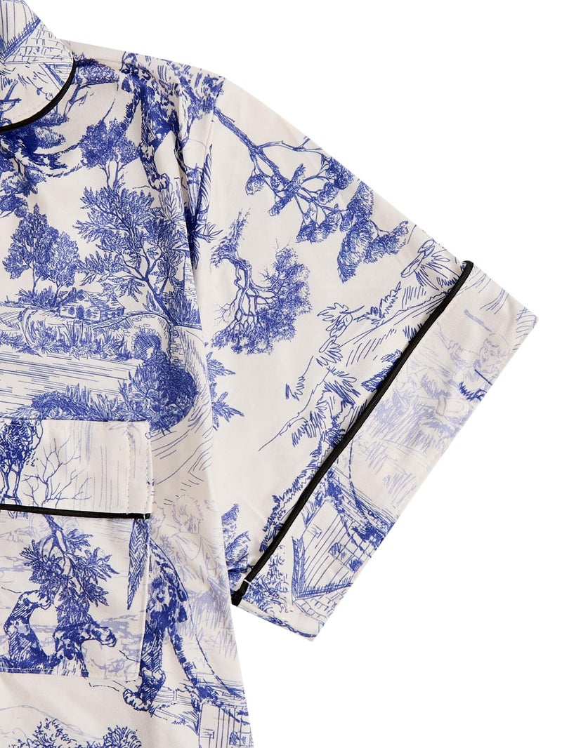Floerns Women's Floral Pajamas Notch Collar Print Sleepwear Two Piece Pajama Set Dusty Blue - Image 4