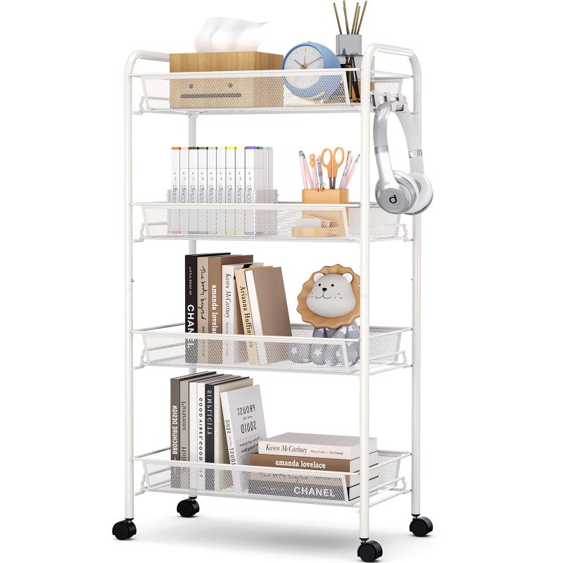 TOOLF 4Tier Rolling Cart Metal Utility Cart with 3 Hooks Easy Assemble Mobile Storage Trolley On Wheels Metal Shelving Units Kitchen Bathroom Laundry Room