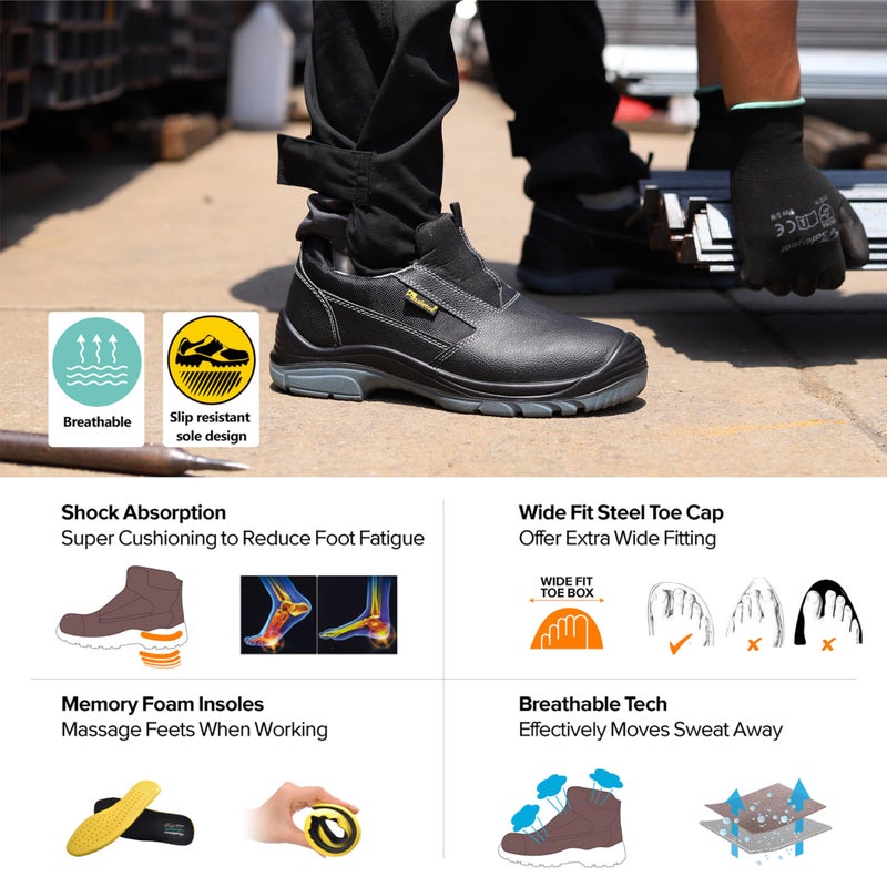 Safetoe Men's Slip On Work Shoes Low Height Steel Toe Cow Leather Black Safety Shoes with Steel Plate Midsole Lightweight Comfortable Sneakers for Industrial - Image 4