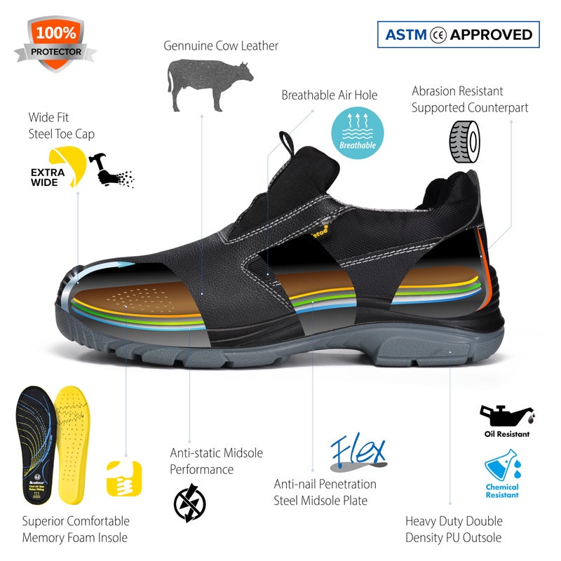 Safetoe Men's Slip On Work Shoes Low Height Steel Toe Cow Leather Black Safety Shoes with Steel Plate Midsole Lightweight Comfortable Sneakers for Industrial - Image 2