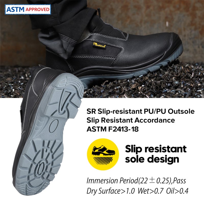 Safetoe Men's Slip On Work Shoes Low Height Steel Toe Cow Leather Black Safety Shoes with Steel Plate Midsole Lightweight Comfortable Sneakers for Industrial - Image 5