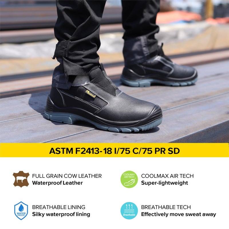 Safetoe Men's Slip On Work Shoes Low Height Steel Toe Cow Leather Black Safety Shoes with Steel Plate Midsole Lightweight Comfortable Sneakers for Industrial - Image 3