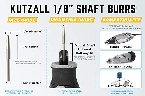Kutzall Extreme Taper Rotary Burr, 1⁄8" Shaft, Very Coarse - Wood Carving Bit for Dremel, Foredom, DeWalt, Milwaukee. Abrasive Tungsten Carbide, 1⁄8" (3.1mm) Dia. X 7⁄8" (22.2mm) Length TX-18-EC - Image 3