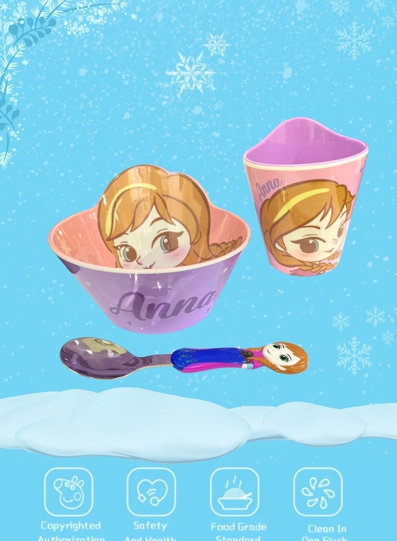 Disney 3Pcs Kids Dinnerware Set Melamine Feeding 3D Bowl,Cups & Spoon For Kids Age 2+ (ANA) - Image 1