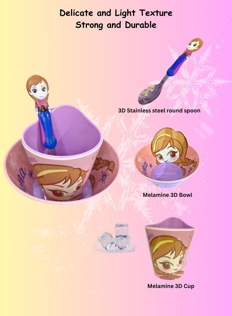 Disney 3Pcs Kids Dinnerware Set Melamine Feeding 3D Bowl,Cups & Spoon For Kids Age 2+ (ANA) - Image 4