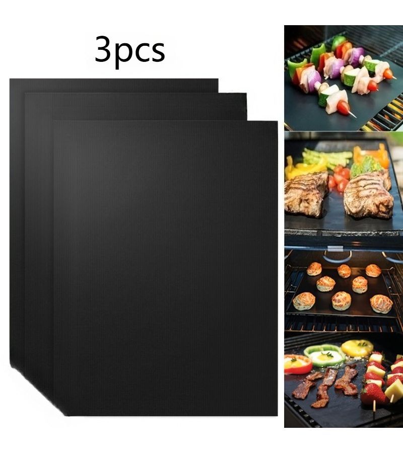 3 Piece Black Barbecue Mat Non Stick Silicone Oven Grill Outdoor Mat - Image 1