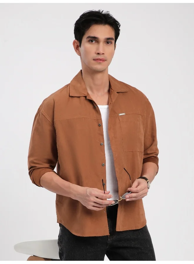 Beyoung Rust Orange Front Yoke Suede Shirt