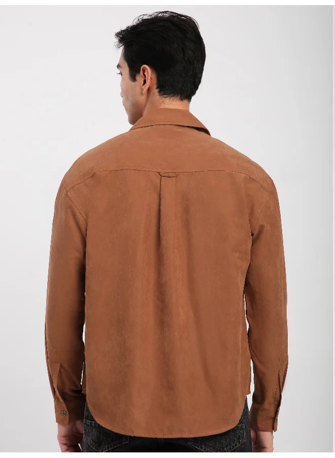 Beyoung Rust Orange Front Yoke Suede Shirt