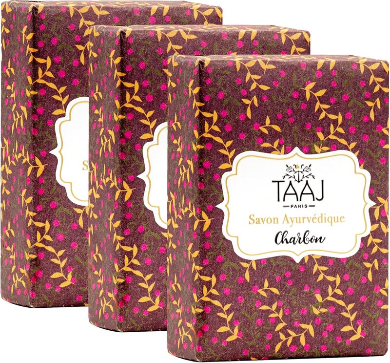 TAAJ Ayurvedic Charcoal Soap Cleanses the Skin of Toxins and Impurities Maintains the Natural Balance of the Skin Made in France Vegan Lot of 3x100GR