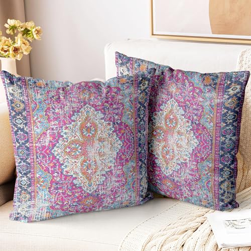 ZSYTZL Boho Throw Pillow Covers 18x18 inch Set of 2,Soft Pillowcases Bohemia Carpet Printing Pattern Decorative Sofa Living Room Bed Square Pillow Case Cushion Cover-Purple - Image 1