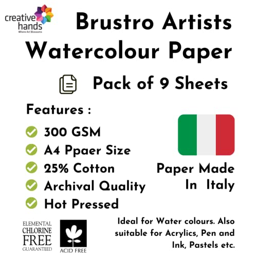 BRUSTRO Artists 25% Cotton Watercolour Paper,Hot Pressed, 300 GSM,Size A4, 9 Sheets | Ideal for Watercolor,Acrylic,Gouache,Charcoal,Graphite,Ink & Other Mixed Media - Image 2