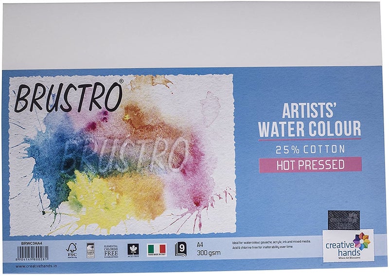 BRUSTRO Artists 25% Cotton Watercolour Paper,Hot Pressed, 300 GSM,Size A4, 9 Sheets | Ideal for Watercolor,Acrylic,Gouache,Charcoal,Graphite,Ink & Other Mixed Media - Image 1