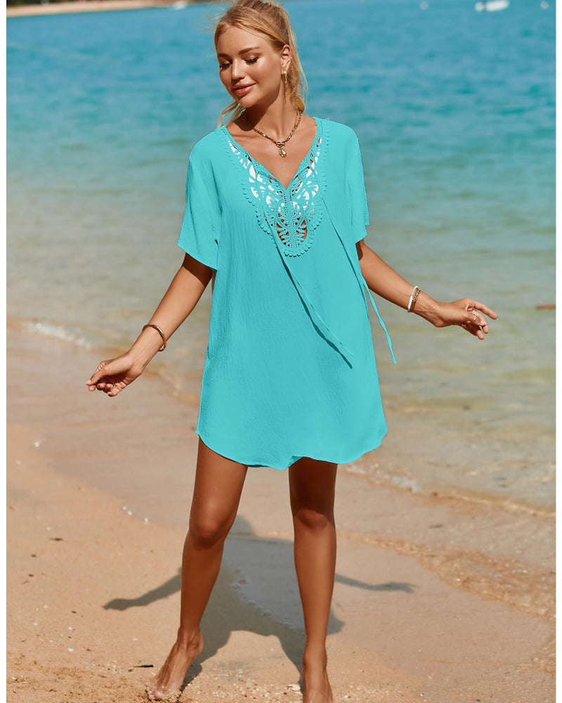 SimpleFun Cover Ups for Swimwear Women Beach Lace V Neck Swim Cover Up Bathing Suit Dress Covers Turquoise M - Image 5